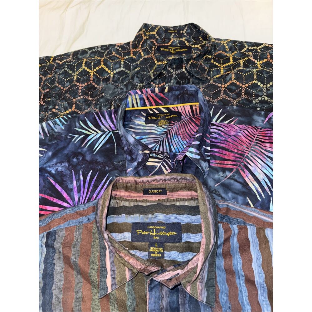 Pete Huntington Mens Bali Button Front Long Sleeve Pattern Lg EUC (Lot Of 3)